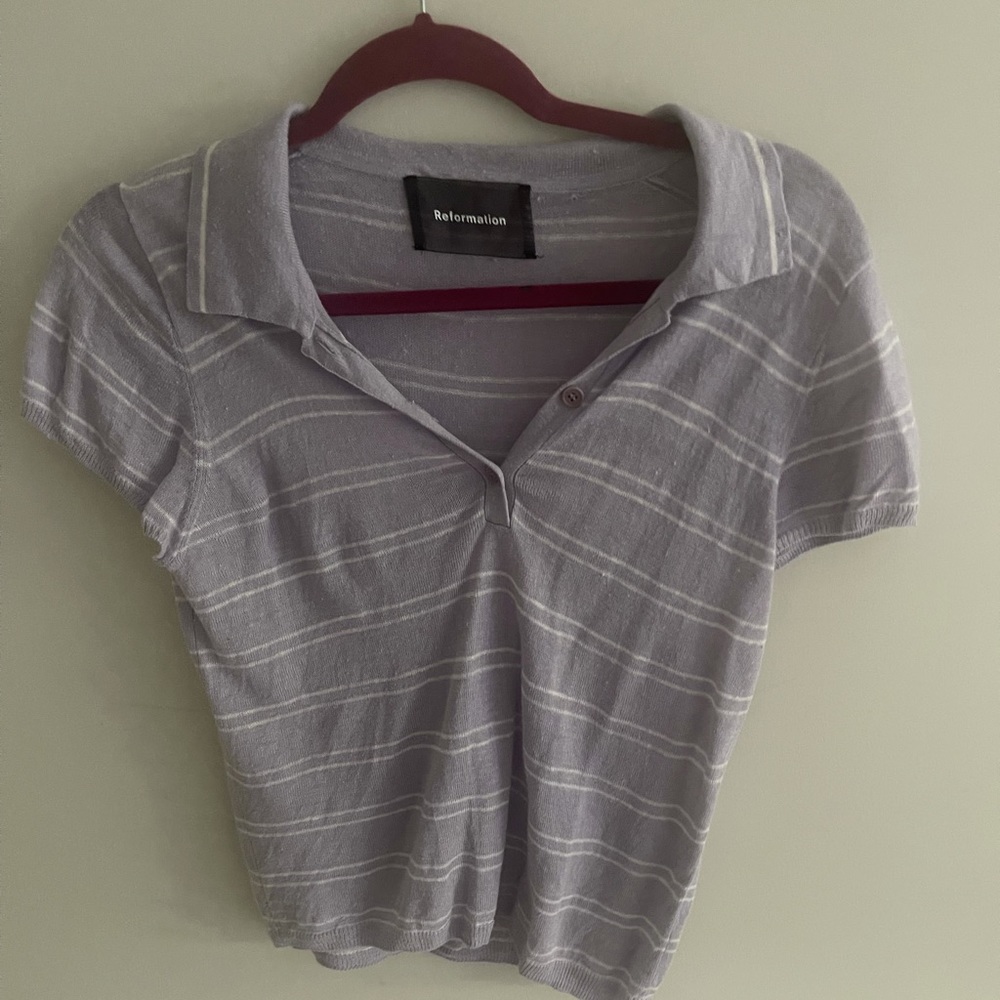 Women’s purple and white striped Refermation polo